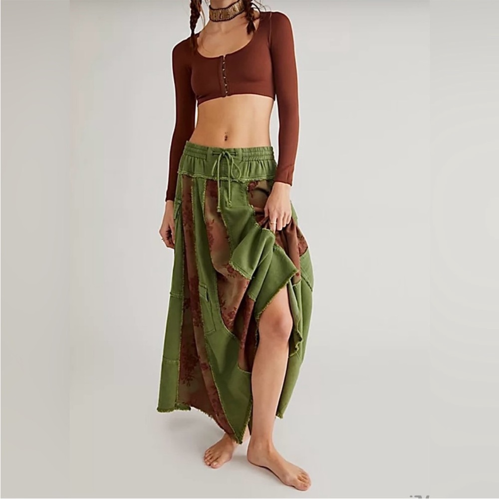 Free People Around The World Cargo Inspired Distressed Patchwork Maxi Skirt